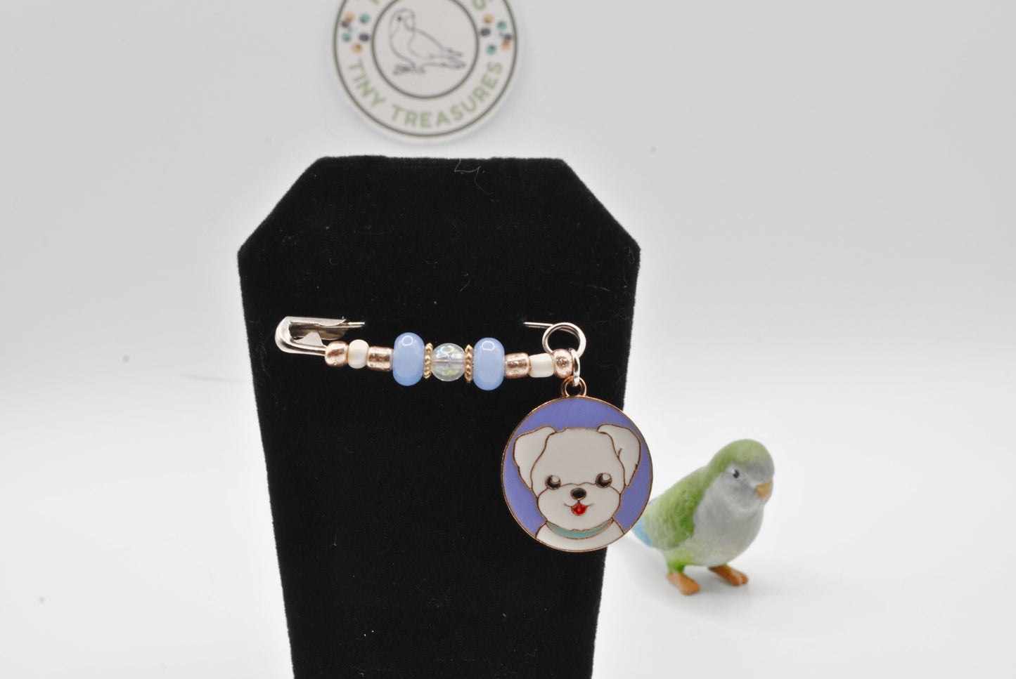 Beaded Safety Pin Brooch with Dog Charm – Handmade Lapel Pin, Pet Lover Gift, Handmade Jewelry