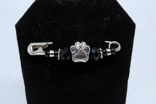 Silver Paw Print Beaded Brooch – Safety Pin Lapel Pin, Handmade Pet Lover Gift