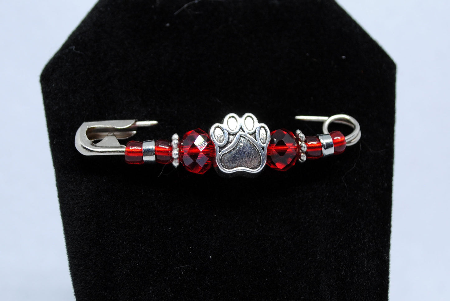 Silver Paw Print Beaded Brooch – Safety Pin Lapel Pin, Handmade Pet Lover Gift